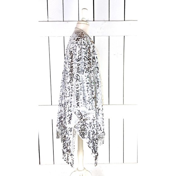White silver round fringe tassel sequin kimono cover up cardigan jacket - Picture 3 of 5